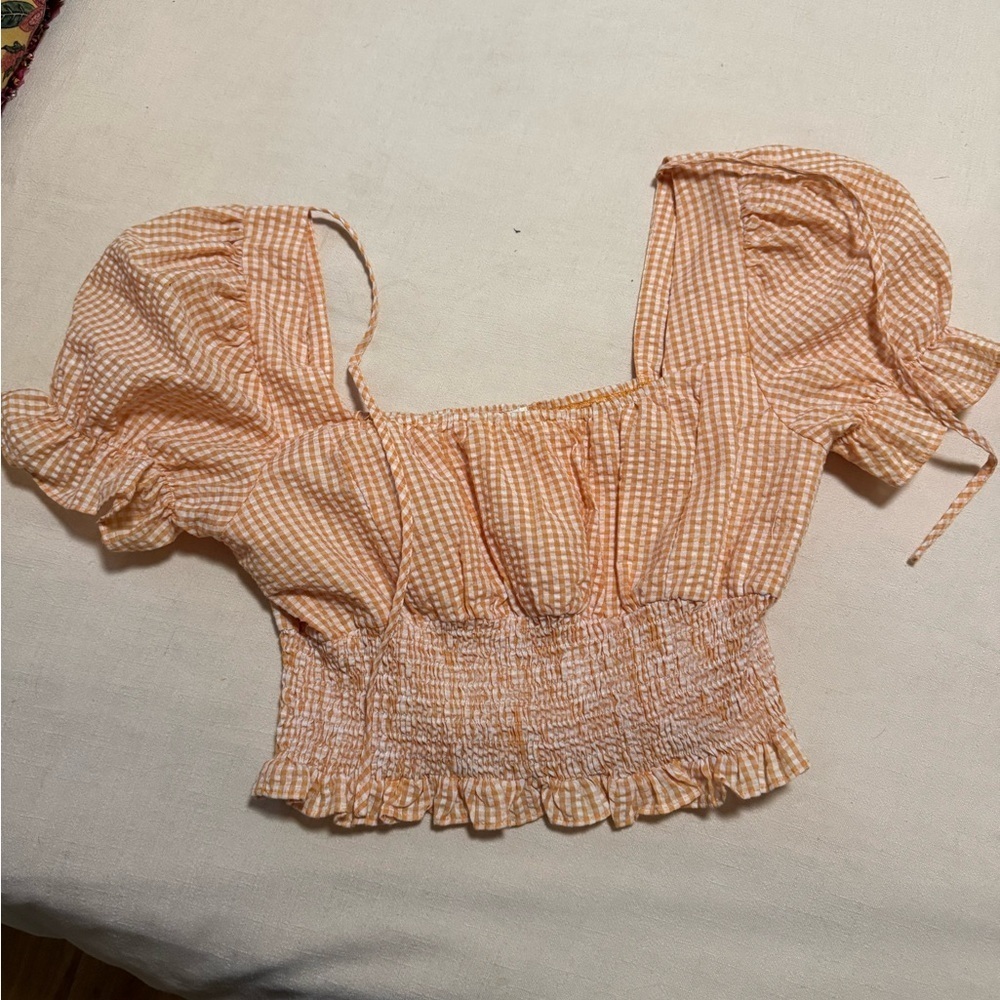 She + Sky Orange Gingham Puff Sleeve Blouse